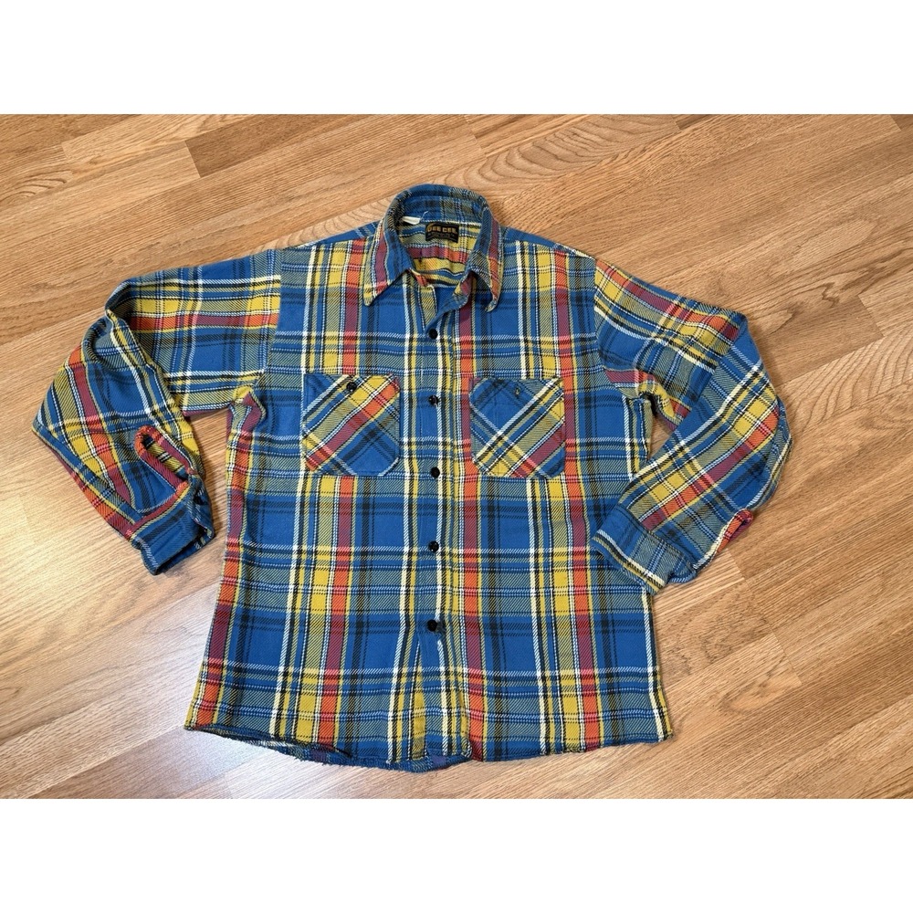 Vintage Dee Cee Flannel Button Shirt Mens Medium Blue Yellow Cotton USA 70s 80s